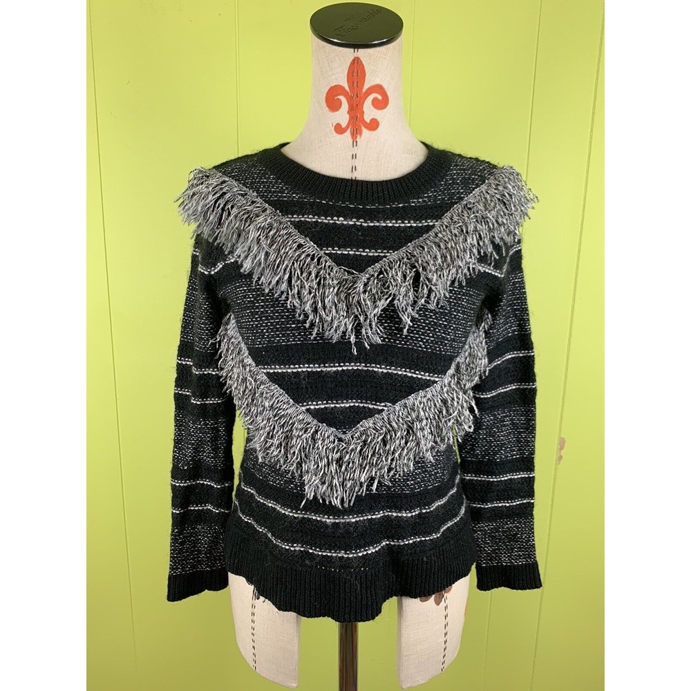 Rachel By Rachel Roy Women's Black Fringed Long Sleeve Crewneck Sweater S